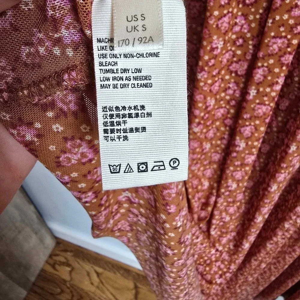Free People Hello and Goodbye Orange Floral Mesh Smocked Midi Dress SZ Small